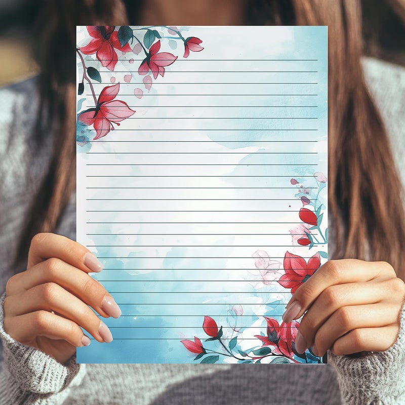 PARTH IMPEX 56 Sheets Watercolor Floral Lined Writing Paper 8.5x11 - Letter Size Ruled Stationery Letterhead Printer Paper - 120gsm Thick Decorative scrapbooking Colored Antique Aged Flowers Design - Image 5